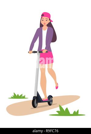 Cute girl riding scooter de coup. Teen girl à jupe courte, veste et chapeau de base-ball, des promenades en scooter. Jeune femme charmante sur scooter de coup, ve Illustration de Vecteur