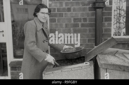 1955, une dame portant un manteau tenant un bol en métal et une pelle à l'extérieur de la porte arrière d'une maison pour le charbon d'un petit réservoir à charbon, béton, England, UK. À cette époque, beaucoup de maisons de l'audition et de l'eau chaude venait d'une des centrales au charbon bolier. Banque D'Images