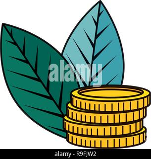 Pièces de monnaie avec des plantes feuilles Illustration de Vecteur