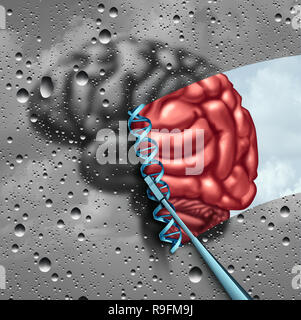 La science du cerveau et la neuroscience cognitive découverte comme un service de santé mentale de la psychologie ou de la psychiatrie la thérapie de cellules souches concept avec un brin d'ADN. Banque D'Images