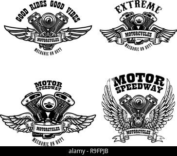 Ensemble d'emblème des motards des modèles avec moteurs moto à ailes. L'élément de conception de logo, étiquette, emblème, signe, poster, t shirt. Vector illustration Illustration de Vecteur