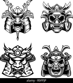 Jeu de masques et casques de samouraï. L'élément de conception de logo, étiquette, emblème, signe, poster, t shirt. Image vectorielle Illustration de Vecteur