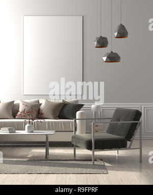 Maquette affiche d'un salon de style scandinave dans l'intérieur. 3D illustration. Banque D'Images