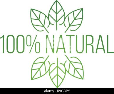 100 % naturel avec logo feuilles, produit naturel, bio, alimentation saine. Vector illustration isolé sur fond blanc Illustration de Vecteur