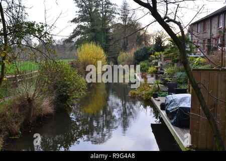 Traverser la rivière Darent épeautre Darenth (parfois), un ruisseau à truites, près de Mill Lane à Shoreham, dans le Kent. De beaux jardins au bord de la rivière. Au début de décembre. Banque D'Images