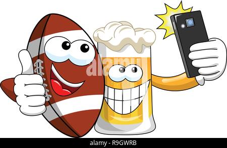 Caricature de la bière et la prise de balle de football américain avec des selfies isolés smartphone Illustration de Vecteur
