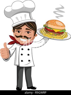 Faire cuire les hamburgers et frites dessert plate thumb up isolated Illustration de Vecteur