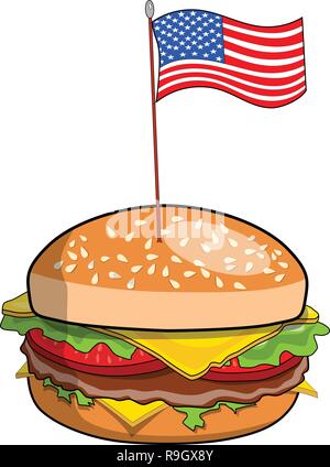 Hamburger avec american usa drapeau sur le sommet isolé Illustration de Vecteur