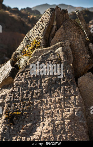 Le Népal, Everest Base Camp Trek, Khumjung, sculptés en pierres traditionnelles mani mur chorten village Banque D'Images