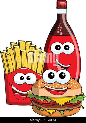 Cartoon Hamburger frites et bouteille de coke isolée des caractères Illustration de Vecteur