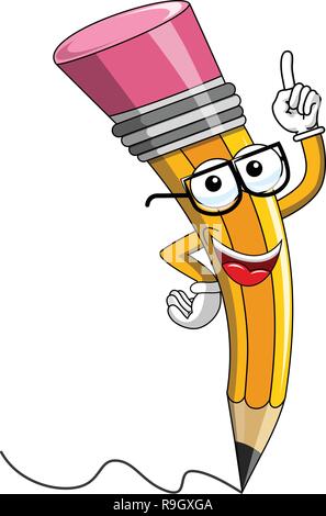 Cartoon Mascot crayon portant des lunettes de lecture doigt isolated on white Illustration de Vecteur