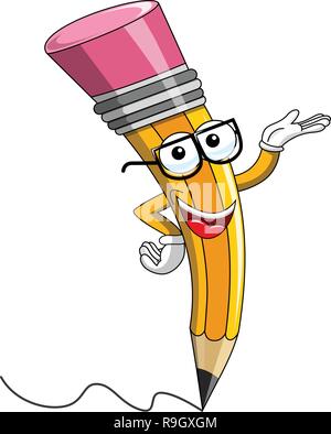 Cartoon Mascot crayon portant des lunettes de lecture présentation isolated on white Illustration de Vecteur