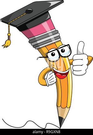 Cartoon Mascot crayon portant graduation hat avec thumb up isolated Illustration de Vecteur