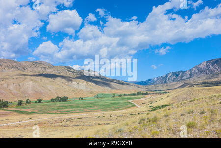 Vue sur la prairie aride montrant le paysage accidenté et le bush à sec en plein été sous un ciel bleu près de Cody, Wyoming, USA. Banque D'Images