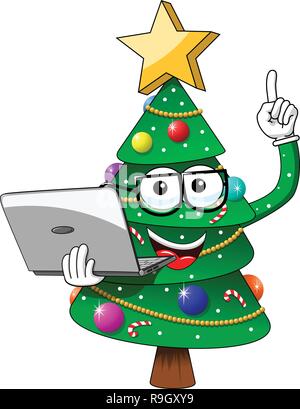 Arbre de Noël Noël personnage mascotte lunettes nerd magistrale laptop isolated on white Illustration de Vecteur