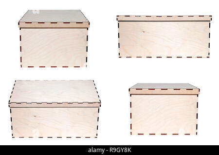 La texture du bois Gros plan fermer boîte avec couvercle, non peintes, voir de tous les côtés isolé sur fond blanc. Concept crate, conteneur, lieu de stockage, de bois, Banque D'Images