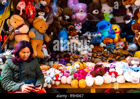 HANOI, VIETNAM - Dec 13, 2018 : une femme vendant des ours et des jouets pour enfants à un ancien de la rue du marché à Hanoi, Vietnam. Banque D'Images