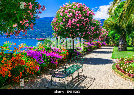 Belle Isola Madre,Lago Maggiore,vie avec arbres, fleurs et lac, au nord de l'Italie. Banque D'Images