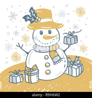 Dessiné à la main avec une carte de Noël Bonhomme de neige de Noël, flocons et boîte-cadeau Illustration de Vecteur