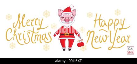Le porcelet dans le rôle du Père Noël dans une maison de vacances tenue, qui détient des boules de Noël dans sa main. Sur un fond blanc avec une inscription en or joyeux Illustration de Vecteur