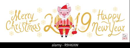 Le porcelet dans le rôle du Père Noël dans un costume de fête, qui tient dans sa main des boules de Noël. Texte sur fond blanc et les flocons de 2019 Illustration de Vecteur