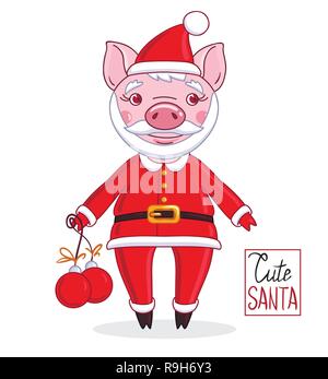 Personnage de porcinet dans le rôle du Père Noël dans un chapeau rouge avec une barbe et moustache, qui tient dans ses mains des boules de Noël Illustration de Vecteur