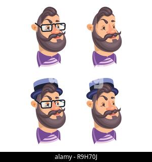 Ensemble d'hommes barbus vecteur visages hipsters avec retro chapeau, lunettes, coupe de cheveux, moustaches, barbes. Des silhouettes, des avatars, des chefs, des emblèmes, des icônes, des étiquettes Illustration de Vecteur