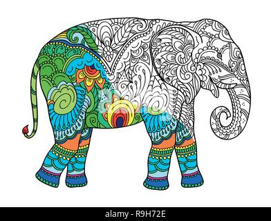 Le dessin de l'éléphant stylisé. Croquis à main levée pour des profils anti stress Coloring Book pour adultpage avec doodle et zentangle éléments. Avec la coloration de l'échantillon Illustration de Vecteur