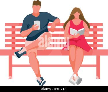 L'homme et la jeune fille assise sur un banc. L'homme utilise un téléphone mobile. Girl reading book. Vector Illustration Illustration de Vecteur