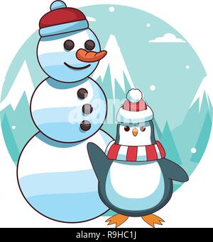 Le Snowman et penguin cartoon Illustration de Vecteur