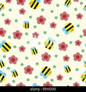 Happy bee et les fleurs rouges motif transparent Illustration de Vecteur