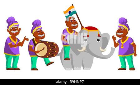 Vieil homme indien pose de vecteur. Les personnes âgées. En hindou Turban. Personne aînée. Personnes âgées. Fête traditionnelle, Parade. Éléphant. Présentation, d'impression, d'une invitation. Cartoon illustration isolé Illustration de Vecteur