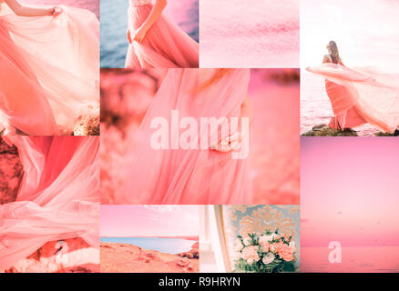 Couleur corail vivant de l'année 2019. Palette de dégradés de couleurs, des collages de différentes photos. Les nuages, femme en robe longue, la mer, les fleurs, le lac Banque D'Images