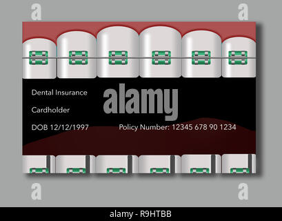 Voici une carte d'identité d'assurance dentaire avec dents et accolades dans la conception. C'est une illustration. Banque D'Images