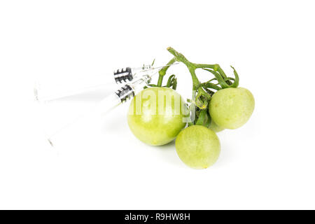 Petites tomates vert raisin à seringue. Les aliments biologiques, non Concept organisme génétiquement modifié. Sur fond blanc. Place d'écrire Banque D'Images