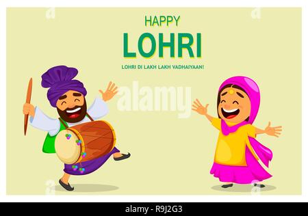 Hiver populaires Punjabi folk festival Lohri. Funny femme indienne et sikh célèbre maison de vacances. Personnages de la danse. Vector illustration pour s Illustration de Vecteur