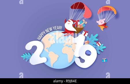 Nouvelle Année design card. Le Père Noël et funny pig battant avec plus de Parachute globe Terre sur fond bleu. Vector illustration pour la promotion de l'art du papier, les en-têtes des bannières, affiches, autocollants Illustration de Vecteur