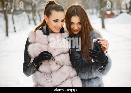 Deux élégants et de magnifiques filles en manteaux de fourrure élégante de marcher dans le parc d'hiver Banque D'Images