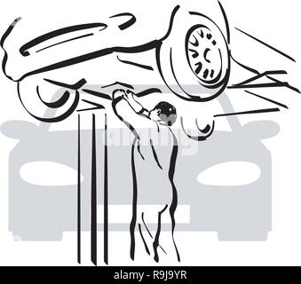 Illustration d'un mécanicien au travail dans un atelier de réparation de voiture Illustration de Vecteur
