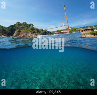 Bateau de plaisance typique de l'Espagne et les herbiers sous l'eau, Fornells de Mar, split voir la moitié de la surface de la mer au-dessus et au-dessous, Begur, Catalogne, Cos Banque D'Images