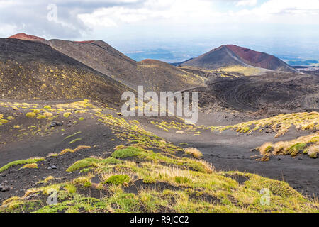 Village pittoresque paysage volcanique de l'Etna, le parc national de l'Etna, en Sicile, Italie. Des tas d'herbe verte et d'épines sur les pentes Banque D'Images