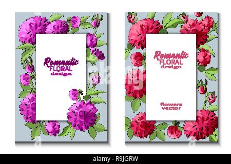 Série de dépliants brochures avec des dahlias rouge et mauve fleurs, des modèles de conception. Cartes floral romantique avec fond bleu. Vector illustration Illustration de Vecteur