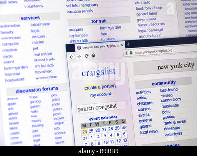 Montréal, Canada - 24 décembre 2018, Craigslist : NY page d'accueil. Craigslist est un site de petites annonces avec l'emploi, au logement, pour le sal Banque D'Images