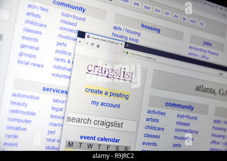 Montréal, Canada - 24 décembre 2018, Craigslist : Atlanta page d'accueil. Craigslist est un site de petites annonces avec l'emploi, le logement, fo Banque D'Images