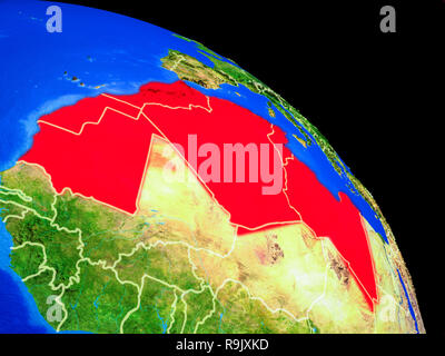 Région du Maghreb sur la planète Terre depuis l'espace avec des frontières du pays. Des détails très fins de la surface de la planète. 3D illustration. Éléments de cette image fournie Banque D'Images