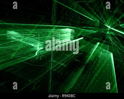 Arrière-plan de la matrice diagonale - tunnel. Illustration 3d - fractal. Résumé : L'image générée par ordinateur brillant vert les murs avec la texture de code binaire. Pour de Banque D'Images