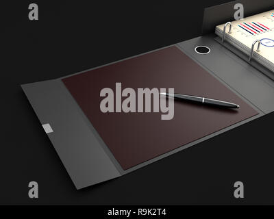 Classeur dossier avec stylo, 3d illustration. Dossier de présentation en carton Bureau de marque. Banque D'Images