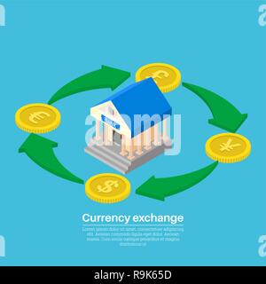 Vector illustration d'un service de change. Pièces de monnaie dollar, euro, livre sterling, yuan en style isométrique. Shooters d'échange. Les transactions de paiement trans Illustration de Vecteur