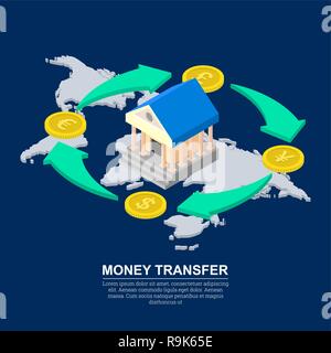 Vector illustration d'un service de change. Pièces de monnaie dollar, euro, livre sterling, yuan en style isométrique. Shooters d'échange. Les transactions de paiement trans Illustration de Vecteur