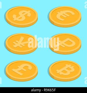 Ensemble d'icônes de pièces. Billets de banque, dollar, euro, livre sterling, yuan, ruble, bitcoin. Symboles de devises en 3D isométrique, style. Vector illustratio Illustration de Vecteur